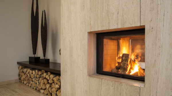 mantle-less wall-embedded fireplace, installed by Fireplace Experts